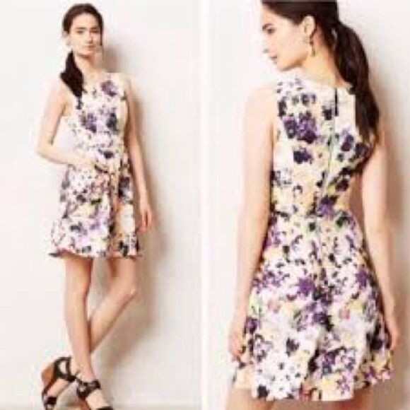 Anthropologie Cream Floral Mini Dress with Purple and Yellow Print - Picture 8 of 12